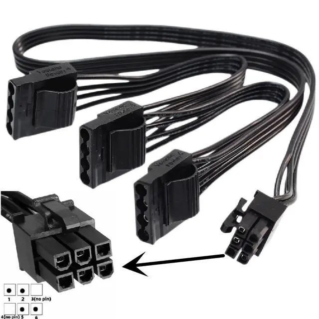 Alt view image 3 of 7 - 6 Pin to 3X 4 Pin Molex Power Adapter Cable for EVGA G1/G2/G3/G5/GS/GA/GM Series Modular PSUs 18AWG 20-inch (50cm) SATA Hard Drive Power Cable, 3x 4-Pin Male to 6-Pin Female Connector Only for EVGA