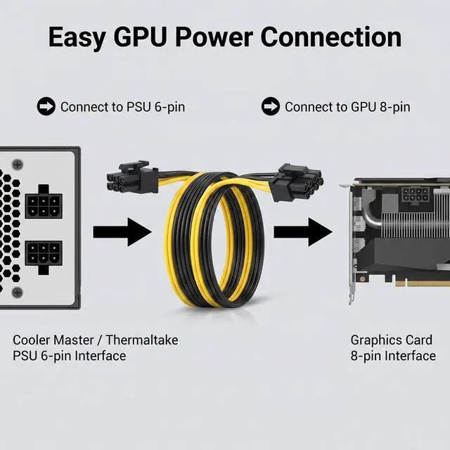 Alt view image 3 of 7 - 2-Pack PCIe 6 Pin to 8 Pin (6+2) Power Cable 20Inch GPU Converter for Cooler Master Thermaltake PSU with Standard 6-Pin Port, for ASUS ASRock Gigabyte Radeon Sapphire NVIDIA Tesla Graphics Card