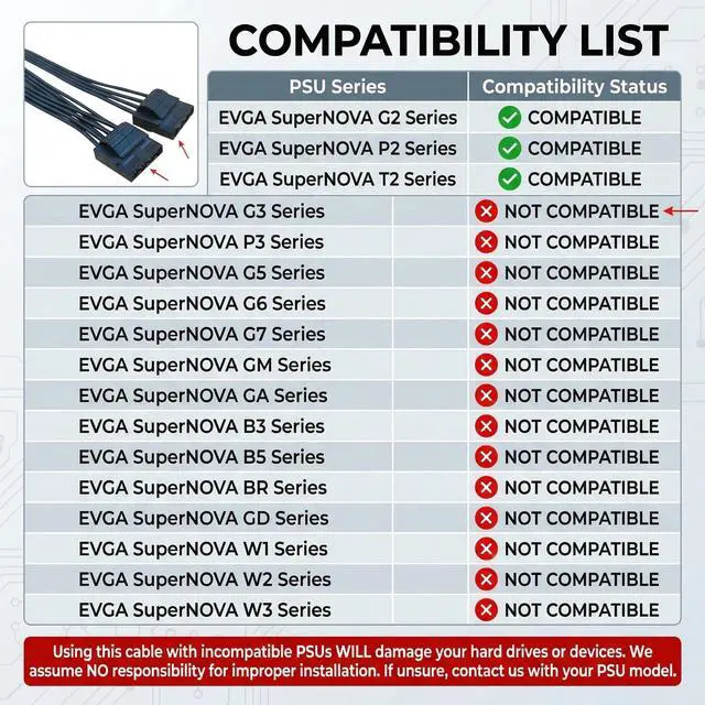 Alt view image 6 of 7 - for EVGA Modular PSU Hard Drive HDD Power Adapter Cable 6 Pin to 3X 4 Pin Power Cable only for EVGA G1/G1+/G2/G3/G5/GS/GA/GM, B2/B2/BQ, P2/1000PS/T2, Supernova nex650g/ 450GM/550GM
