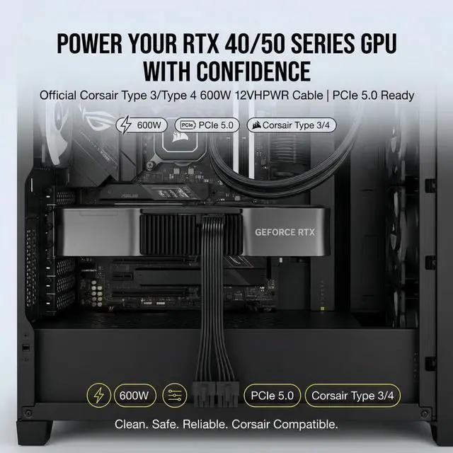 Alt view image 3 of 7 - 12VHPWR Cable for Corsair Type 3/Type 4 PSU 600W PCIe 5.0 GPU Power Cable, Dual 8 Pin to 16 Pin 12V-2x6 12+4 Pin, 16AWG 60cm (24in), for RTX 5090/5080/4090/4080/4070 Ti/3090Ti