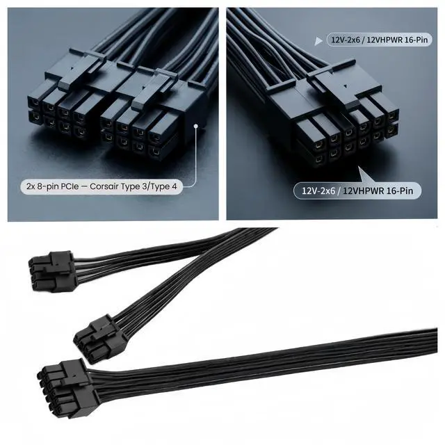 Alt view image 2 of 7 - 12VHPWR Cable for Corsair Type 3/Type 4 PSU 600W PCIe 5.0 GPU Power Cable, Dual 8 Pin to 16 Pin 12V-2x6 12+4 Pin, 16AWG 60cm (24in), for RTX 5090/5080/4090/4080/4070 Ti/3090Ti