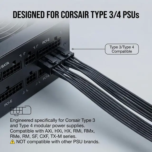 Alt view image 5 of 7 - 12VHPWR Cable for Corsair Type 3/Type 4 PSU 600W PCIe 5.0 GPU Power Cable, Dual 8 Pin to 16 Pin 12V-2x6 12+4 Pin, 16AWG 60cm (24in), for RTX 5090/5080/4090/4080/4070 Ti/3090Ti