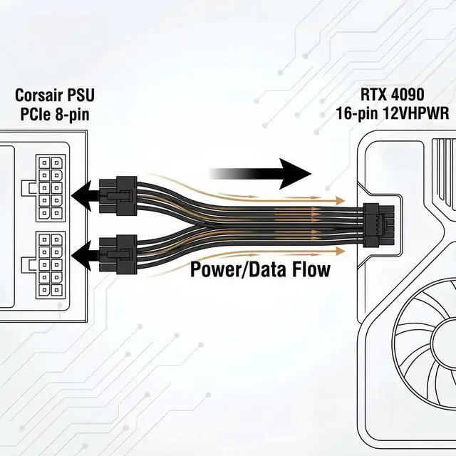Alt view image 7 of 7 - 12VHPWR Cable for Corsair Type 3/Type 4 PSU 600W PCIe 5.0 GPU Power Cable, Dual 8 Pin to 16 Pin 12V-2x6 12+4 Pin, 16AWG 60cm (24in), for RTX 5090/5080/4090/4080/4070 Ti/3090Ti