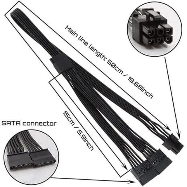 Alt view image 2 of 3 - 6 Pin to 3X 15 Pin SATA Power Adapter Cable for EVGA GQ Series Semi-Modular PSUs (650GQ/750GQ/850GQ/1000GQ) - 18AWG SATA Power Splitter for HDD/SSD - 20 inch