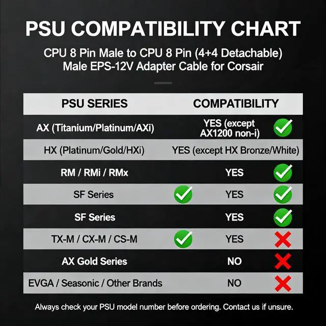 Alt view image 6 of 7 - CPU 8 Pin Male to CPU 8 Pin (4+4 Detachable) Male EPS-12V Motherboard Power Adapter Cable for Corsair Modular Power Supplies 18AWG 25-inch (63cm) for AX/HX/RM/SF/TX/CX Series