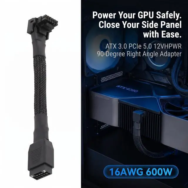 Alt view image 2 of 7 - ATX 3.0 PCIe 5.0 12VHPWR 90 Degree Right Angle Adapter, 16AWG 600W 12+4Pin GPU Angled Power Extension Cable for NVIDIA GeForce RTX 3090Ti 4070Ti 4080 4090 Graphics Card (Type A, 7inch)