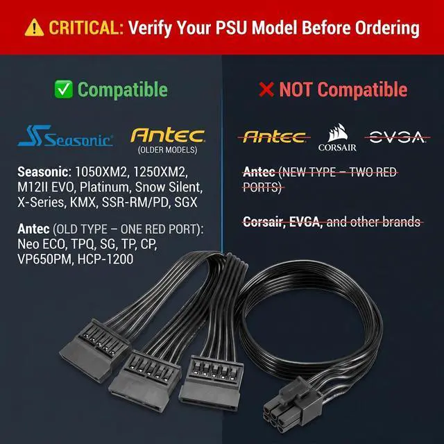 Alt view image 5 of 6 - 6 Pin to 3X SATA Power Adapter Cable for Seasonic Antec Modular PSU PCIe 6 Pin Male to 3x 15 Pin SATA Female Hard Drive SSD Splitter, 20-inch (50cm) 18AWG for BTC Mining Riser, HDD/SSD Upgrade