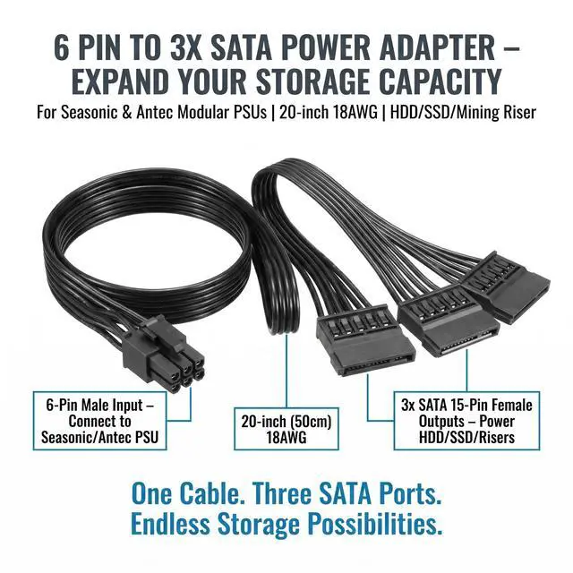 Alt view image 4 of 6 - 6 Pin to 3X SATA Power Adapter Cable for Seasonic Antec Modular PSU PCIe 6 Pin Male to 3x 15 Pin SATA Female Hard Drive SSD Splitter, 20-inch (50cm) 18AWG for BTC Mining Riser, HDD/SSD Upgrade