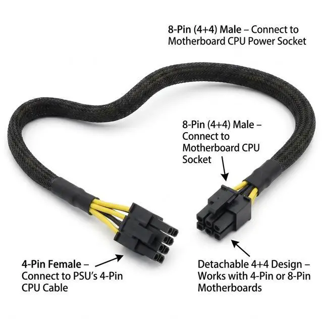 Alt view image 5 of 7 - ATX 4 Pin to CPU 8 Pin Power Adapter Cable 4 Pin Female to 8 Pin (4+4 Detachable) Male EPS-12V Converter Extension for Motherboard, 18AWG Sleeved 9.5-inch (24cm)