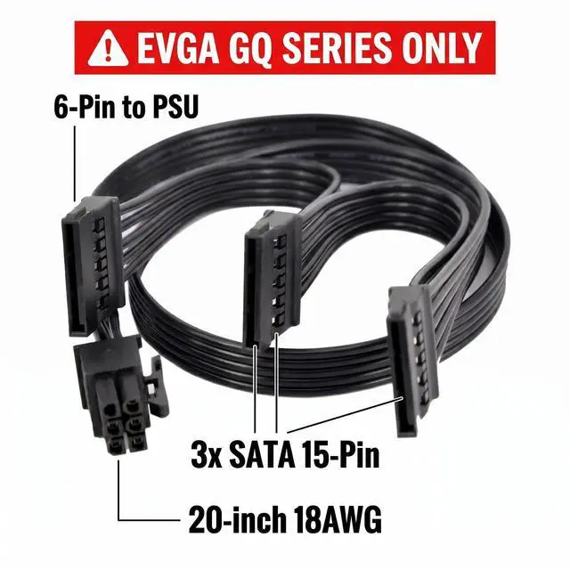 Alt view image 3 of 4 - 6 Pin to 3X SATA Power Adapter Cable for EVGA GQ Series 650GQ/750GQ/850GQ/1000GQ Semi-Modular PSU, PCIe 6 Pin Male to 3X 15 Pin SATA Female HDD SSD Hard Drive Splitter, 20-inch (50cm) 18AWG
