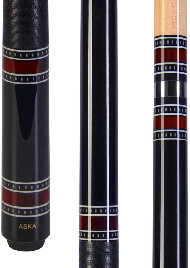 Main image of ASKA A1 Ring Series Black Pool Cue Stick, 58" 2-Piece, 21 oz, Birdseye Maple Butt, Irish Linen Wrap, 12.75mm Layered Tip