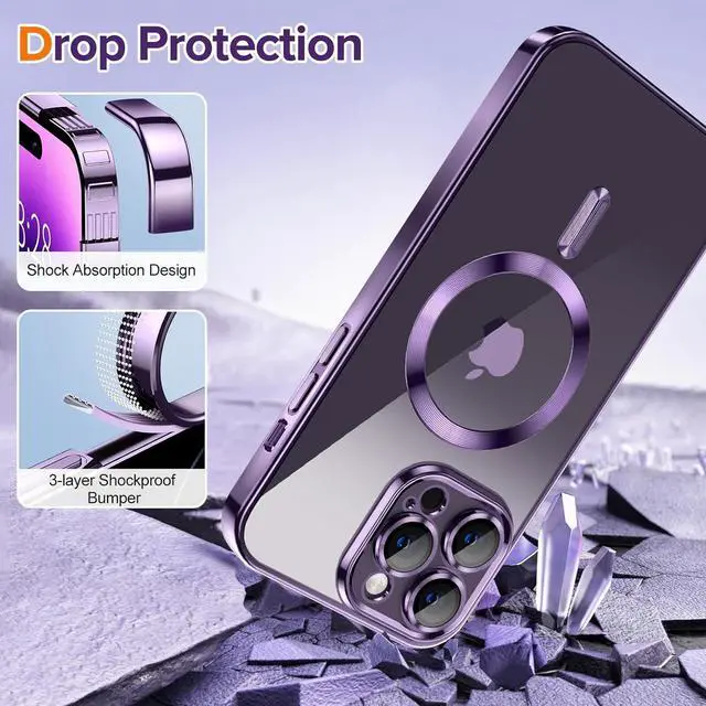 Alt view image 5 of 7 - Hython Magnetic Clear Case for iPhone 14 Pro Max Case with Camera Lens Protector [Compatible with MagSafe] Luxury Plating Edge Slim Soft TPU Cover Protective Phone Case for 14 Pro Max 6.7", Purple