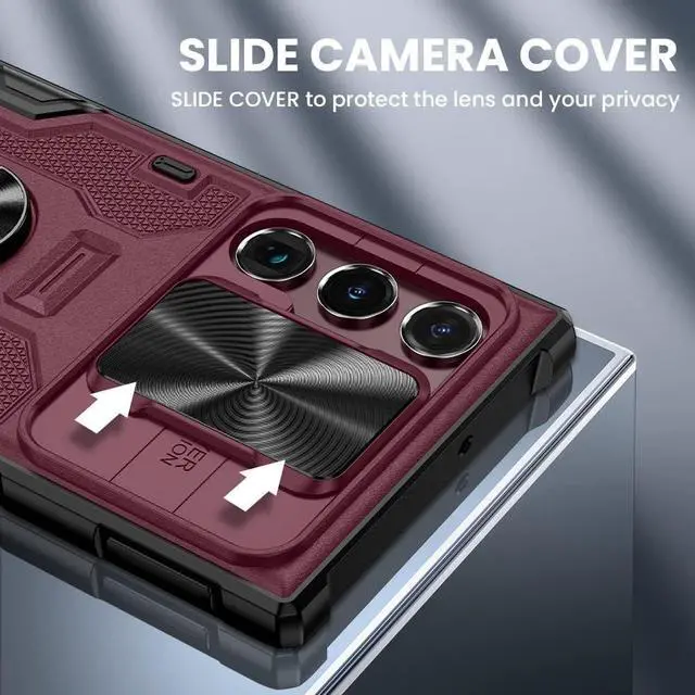 Alt view image 3 of 7 - VEGO for Galaxy S22 Ultra Kickstand Case with Slide Camera Cover, Built-in 360° Rotate Ring Stand Magnetic Car Mount Cover Case for Samsung Galaxy S22 Ultra 6.8 inch 2022 Released - Burgundy