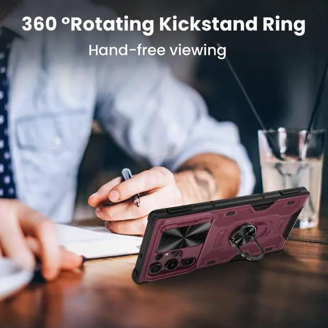 Alt view image 4 of 7 - VEGO for Galaxy S22 Ultra Kickstand Case with Slide Camera Cover, Built-in 360° Rotate Ring Stand Magnetic Car Mount Cover Case for Samsung Galaxy S22 Ultra 6.8 inch 2022 Released - Burgundy