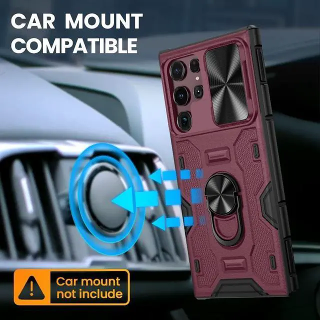 Alt view image 5 of 7 - VEGO for Galaxy S22 Ultra Kickstand Case with Slide Camera Cover, Built-in 360° Rotate Ring Stand Magnetic Car Mount Cover Case for Samsung Galaxy S22 Ultra 6.8 inch 2022 Released - Burgundy