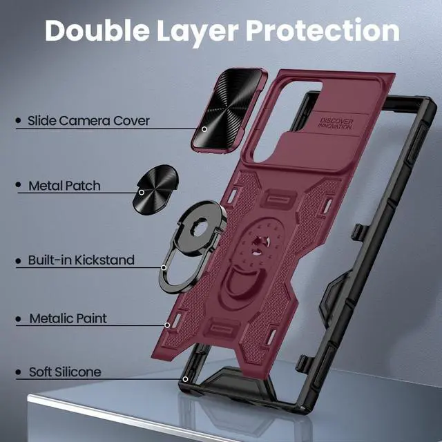 Alt view image 7 of 7 - VEGO for Galaxy S22 Ultra Kickstand Case with Slide Camera Cover, Built-in 360° Rotate Ring Stand Magnetic Car Mount Cover Case for Samsung Galaxy S22 Ultra 6.8 inch 2022 Released - Burgundy