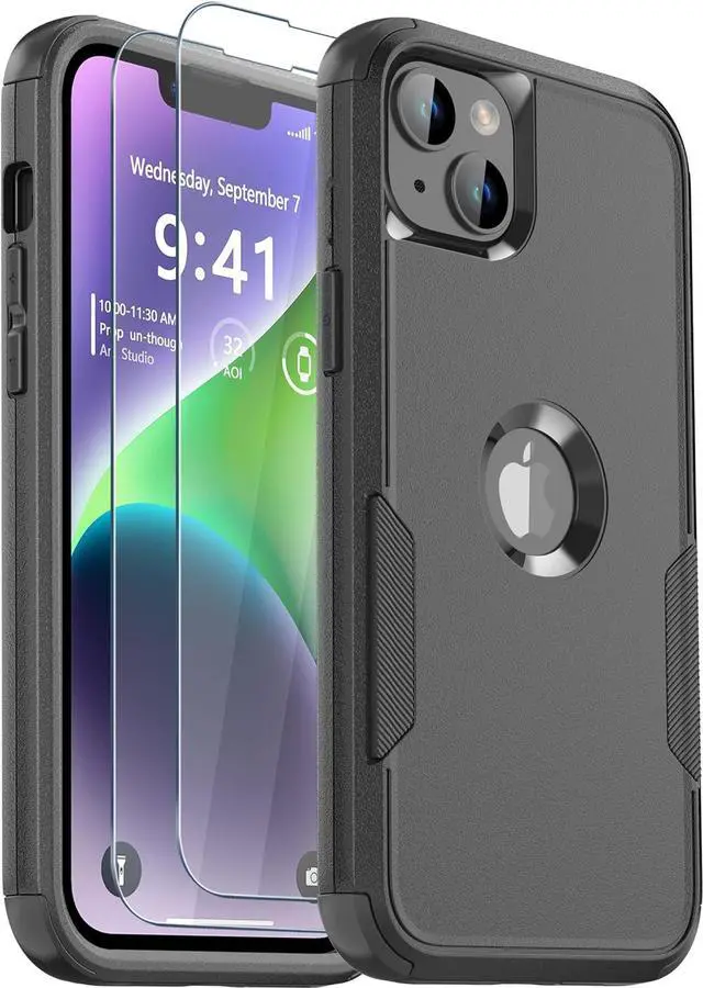 Main image of Phone Case for iPhone 13 and iPhone 14, Non-Slip Shockproof 10 Ft Military Dropproof Phone Case with 2 Tempered Glass Screen Protectors, 6.1 Inch (Black)