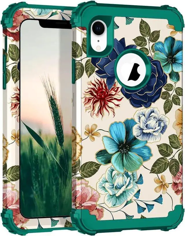 Main image of Hocase for iPhone XR Case, Heavy Duty Shockproof Protection Soft Silicone Rubber+Hard Plastic Bumper Hybrid Dual Layer Protective Case for iPhone XR (6.1-inch Display) 2018 - Teal Flowers