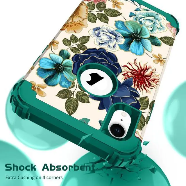 Alt view image 3 of 7 - Hocase for iPhone XR Case, Heavy Duty Shockproof Protection Soft Silicone Rubber+Hard Plastic Bumper Hybrid Dual Layer Protective Case for iPhone XR (6.1-inch Display) 2018 - Teal Flowers