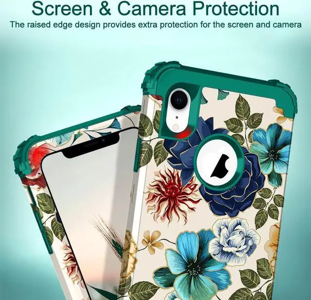 Alt view image 4 of 7 - Hocase for iPhone XR Case, Heavy Duty Shockproof Protection Soft Silicone Rubber+Hard Plastic Bumper Hybrid Dual Layer Protective Case for iPhone XR (6.1-inch Display) 2018 - Teal Flowers