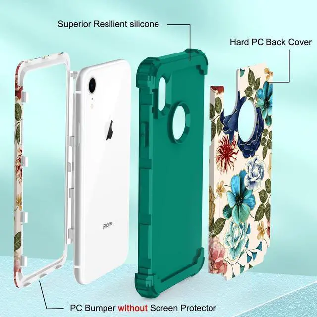 Alt view image 5 of 7 - Hocase for iPhone XR Case, Heavy Duty Shockproof Protection Soft Silicone Rubber+Hard Plastic Bumper Hybrid Dual Layer Protective Case for iPhone XR (6.1-inch Display) 2018 - Teal Flowers