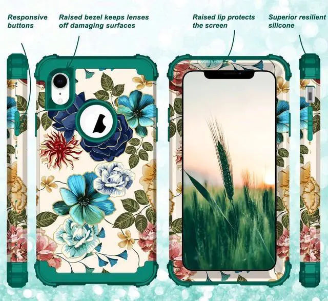 Alt view image 6 of 7 - Hocase for iPhone XR Case, Heavy Duty Shockproof Protection Soft Silicone Rubber+Hard Plastic Bumper Hybrid Dual Layer Protective Case for iPhone XR (6.1-inch Display) 2018 - Teal Flowers