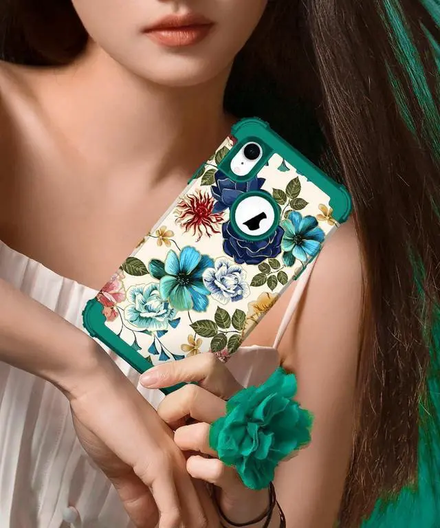 Alt view image 7 of 7 - Hocase for iPhone XR Case, Heavy Duty Shockproof Protection Soft Silicone Rubber+Hard Plastic Bumper Hybrid Dual Layer Protective Case for iPhone XR (6.1-inch Display) 2018 - Teal Flowers