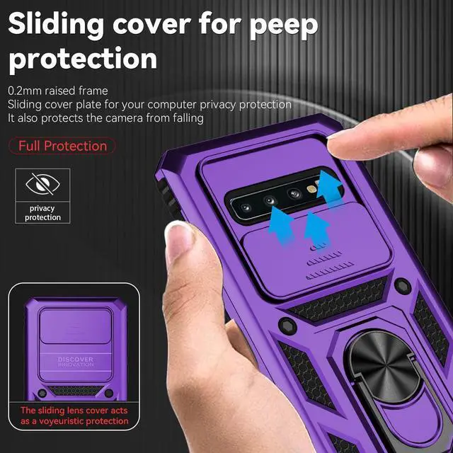 Alt view image 4 of 7 - for Samsung Galaxy S10 Plus Case with Camera Lens Cover HD Screen Protector, Military-Grade Drop Tested Magnetic Ring Holder Kickstand Protective Phone Case for Samsung Galaxy S10+ Plus (Purple)