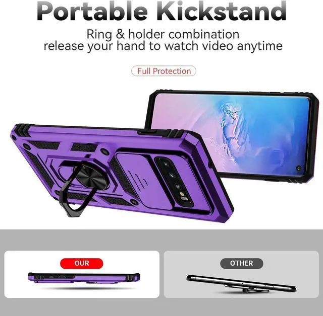 Alt view image 7 of 7 - for Samsung Galaxy S10 Plus Case with Camera Lens Cover HD Screen Protector, Military-Grade Drop Tested Magnetic Ring Holder Kickstand Protective Phone Case for Samsung Galaxy S10+ Plus (Purple)