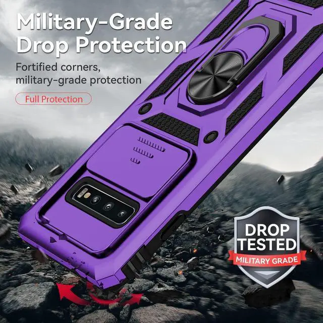 Alt view image 5 of 7 - for Samsung Galaxy S10 Plus Case with Camera Lens Cover HD Screen Protector, Military-Grade Drop Tested Magnetic Ring Holder Kickstand Protective Phone Case for Samsung Galaxy S10+ Plus (Purple)