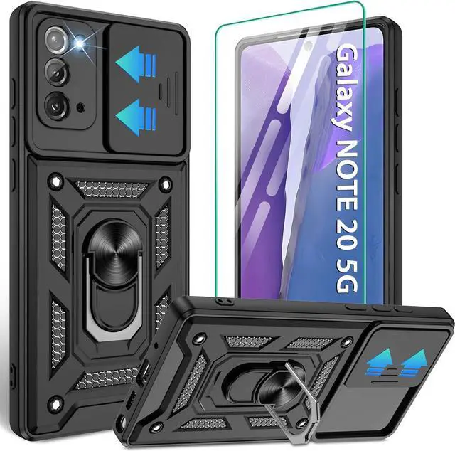 Main image of Compatible with Samsung Galaxy Note 20 5G Case,Samsung Note 20 Case with HD Screen Protector with Slide Camera Cover, 360°Rotation Ring Kickstand [Military Grade] Case for Galaxy Note 20,Black