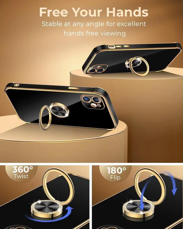 Alt view image 3 of 6 - Miss Arts for iPhone 11 Case, Ring Holder Stand Luxury Bling Electroplated Phone Case with Strap, Cute Soft TPU for iPhone 11 Cover for Women Girls, Black