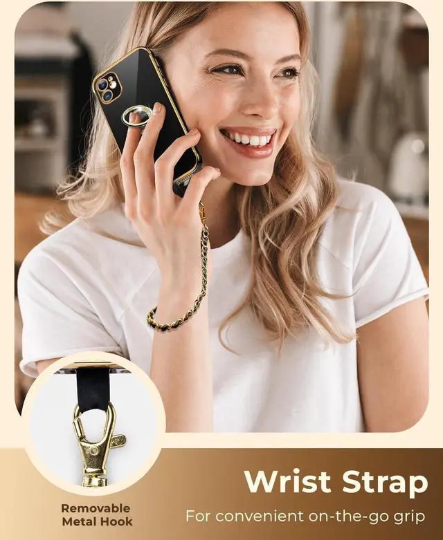 Alt view image 4 of 6 - Miss Arts for iPhone 11 Case, Ring Holder Stand Luxury Bling Electroplated Phone Case with Strap, Cute Soft TPU for iPhone 11 Cover for Women Girls, Black