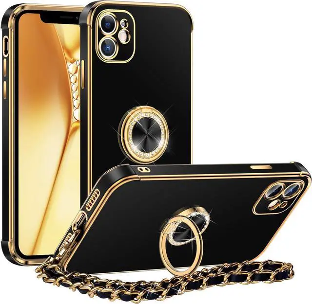 Main image of Miss Arts for iPhone 11 Case, Ring Holder Stand Luxury Bling Electroplated Phone Case with Strap, Cute Soft TPU for iPhone 11 Cover for Women Girls, Black