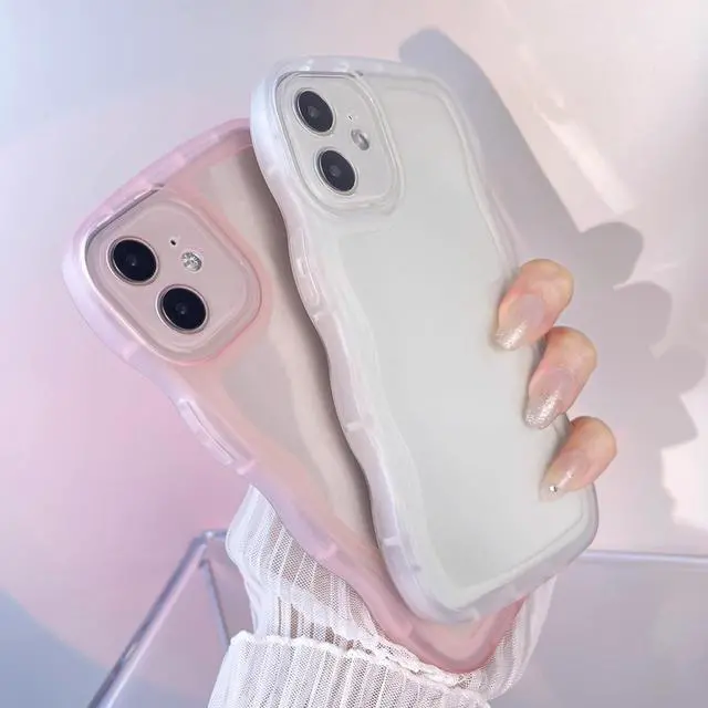 Alt view image 3 of 7 - Compatible with iPhone 12 Mini Clear Case,Cute Solid Color Curly Wave Frame Transparent Soft Silicone Anti-Scratch Shockproof Protective Slim Case for Women Girls-Pink
