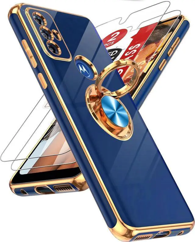 Main image of LeYi for Moto G Play 2023 Phone Case: with Tempered Glass Screen Protector [2 Pack] 360° Rotatable Ring Holder Magnetic Kickstand, Plating Rose Gold Edge Protective Case,Blue