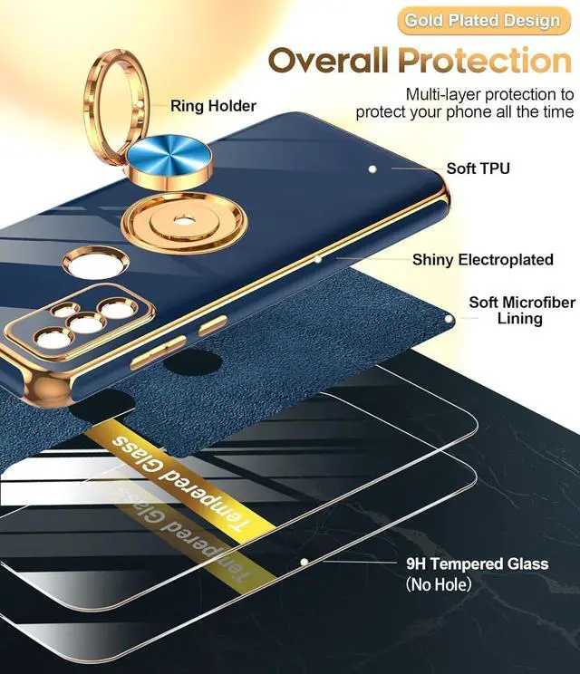 Alt view image 2 of 7 - LeYi for Moto G Play 2023 Phone Case: with Tempered Glass Screen Protector [2 Pack] 360° Rotatable Ring Holder Magnetic Kickstand, Plating Rose Gold Edge Protective Case,Blue