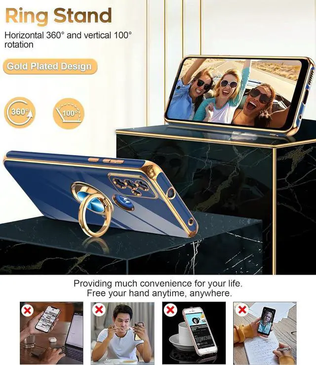 Alt view image 3 of 7 - LeYi for Moto G Play 2023 Phone Case: with Tempered Glass Screen Protector [2 Pack] 360° Rotatable Ring Holder Magnetic Kickstand, Plating Rose Gold Edge Protective Case,Blue