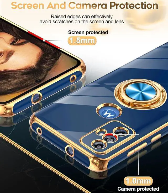 Alt view image 4 of 7 - LeYi for Moto G Play 2023 Phone Case: with Tempered Glass Screen Protector [2 Pack] 360° Rotatable Ring Holder Magnetic Kickstand, Plating Rose Gold Edge Protective Case,Blue