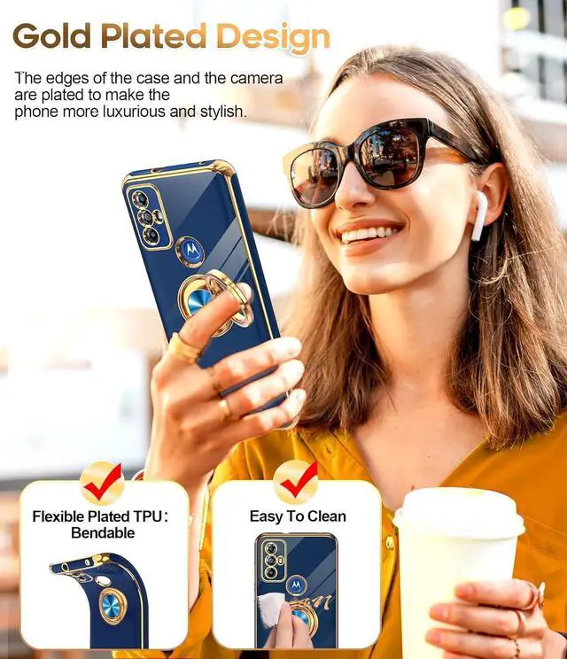 Alt view image 6 of 7 - LeYi for Moto G Play 2023 Phone Case: with Tempered Glass Screen Protector [2 Pack] 360° Rotatable Ring Holder Magnetic Kickstand, Plating Rose Gold Edge Protective Case,Blue
