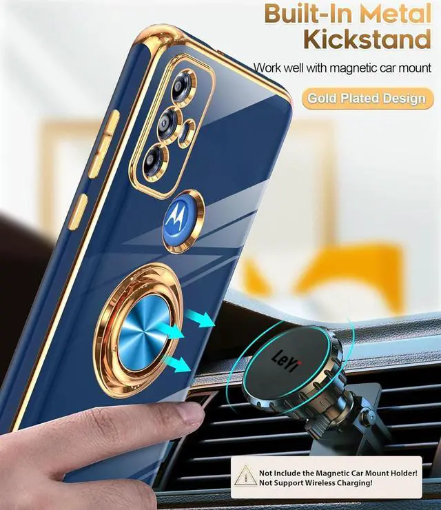 Alt view image 5 of 7 - LeYi for Moto G Play 2023 Phone Case: with Tempered Glass Screen Protector [2 Pack] 360° Rotatable Ring Holder Magnetic Kickstand, Plating Rose Gold Edge Protective Case,Blue