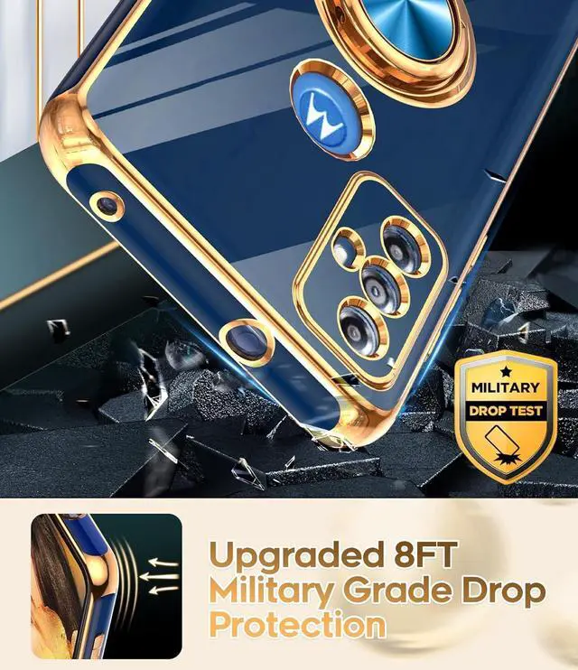 Alt view image 7 of 7 - LeYi for Moto G Play 2023 Phone Case: with Tempered Glass Screen Protector [2 Pack] 360° Rotatable Ring Holder Magnetic Kickstand, Plating Rose Gold Edge Protective Case,Blue