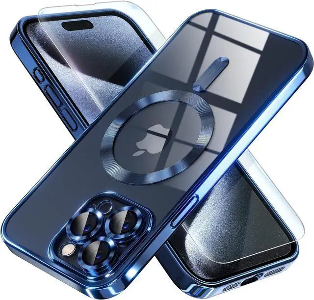 Main image of Magnetic for iPhone 15 Pro Max Case with MagSafe [Never Yellowing] [Military Grade Drop Protection] Full Camera Lens Protector Plating Soft Clear Phone Case for Women Girls, Deep Blue