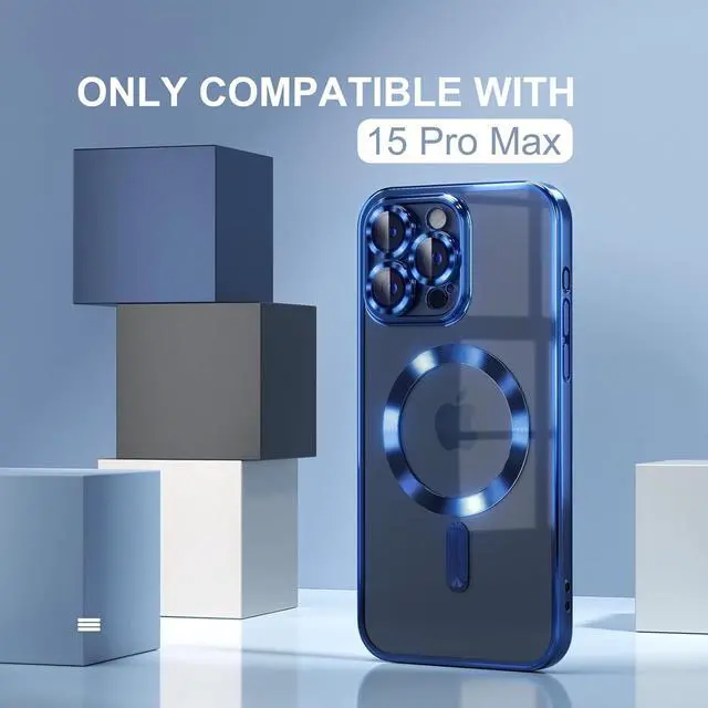Alt view image 2 of 7 - Magnetic for iPhone 15 Pro Max Case with MagSafe [Never Yellowing] [Military Grade Drop Protection] Full Camera Lens Protector Plating Soft Clear Phone Case for Women Girls, Deep Blue