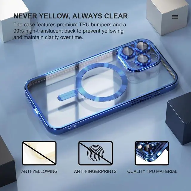 Alt view image 3 of 7 - Magnetic for iPhone 15 Pro Max Case with MagSafe [Never Yellowing] [Military Grade Drop Protection] Full Camera Lens Protector Plating Soft Clear Phone Case for Women Girls, Deep Blue