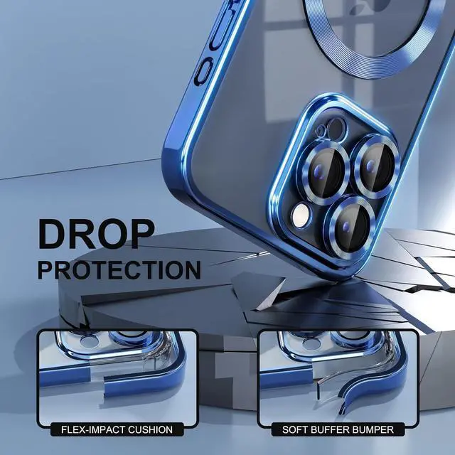Alt view image 4 of 7 - Magnetic for iPhone 15 Pro Max Case with MagSafe [Never Yellowing] [Military Grade Drop Protection] Full Camera Lens Protector Plating Soft Clear Phone Case for Women Girls, Deep Blue