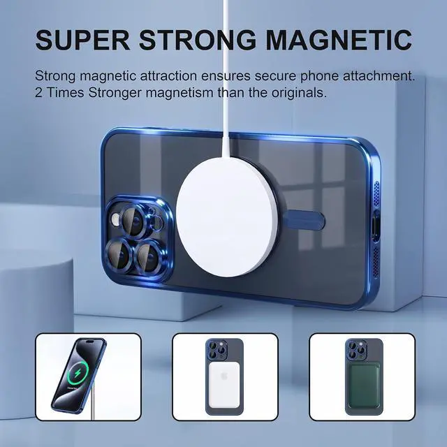 Alt view image 5 of 7 - Magnetic for iPhone 15 Pro Max Case with MagSafe [Never Yellowing] [Military Grade Drop Protection] Full Camera Lens Protector Plating Soft Clear Phone Case for Women Girls, Deep Blue