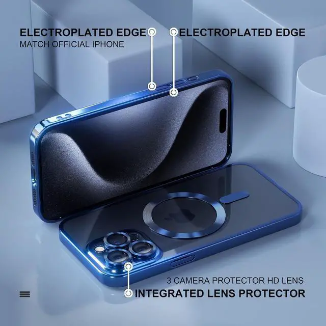 Alt view image 6 of 7 - Magnetic for iPhone 15 Pro Max Case with MagSafe [Never Yellowing] [Military Grade Drop Protection] Full Camera Lens Protector Plating Soft Clear Phone Case for Women Girls, Deep Blue