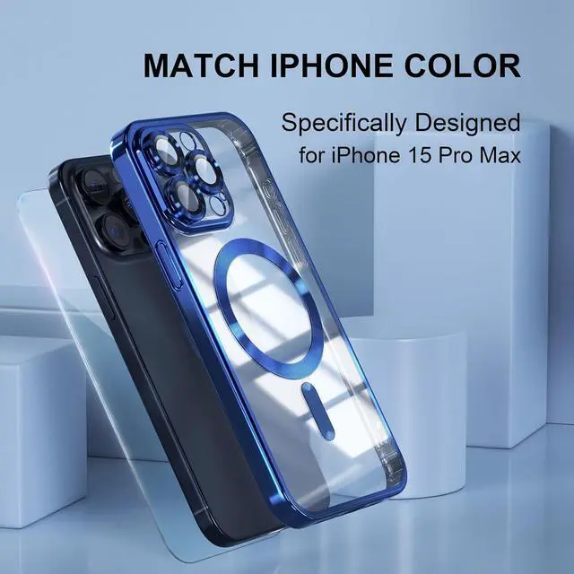 Alt view image 7 of 7 - Magnetic for iPhone 15 Pro Max Case with MagSafe [Never Yellowing] [Military Grade Drop Protection] Full Camera Lens Protector Plating Soft Clear Phone Case for Women Girls, Deep Blue