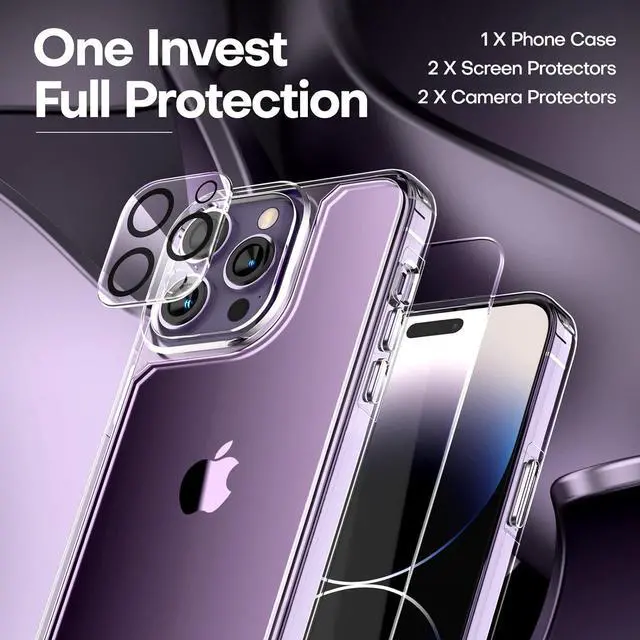 Alt view image 3 of 6 - TAURI for iPhone 14 Pro Case, [5 in 1] 1X Clear Case [Not-Yellowing] with 2X Screen Protectors + 2X Camera Lens Protectors, [Military Grade Drop Protection] Slim Shockproof Case for iPhone 14 Pro